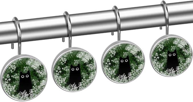 12 Packs Black Cat Floral Shower Curtain Hooks, Stainless Steel Glass Shower Curtain Rings for Bathroom, Rustproof Metal Curtain Rod Hooks - ModernBath