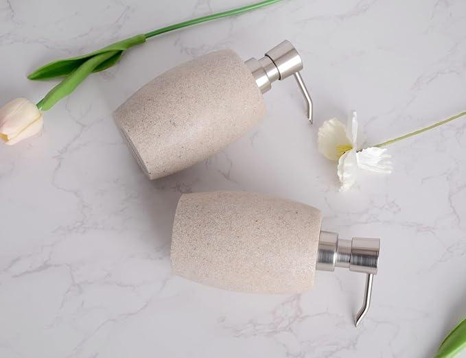 Clasin Home Sandstone Textured Resin Soap Dispenser with Metallic Pump and Waterproof Bottle Labels for Bathroom Kitchen Dish Hand Wash Shower Lotion Shampoo, 12 Oz, 2 Sets Beige - ModernBath