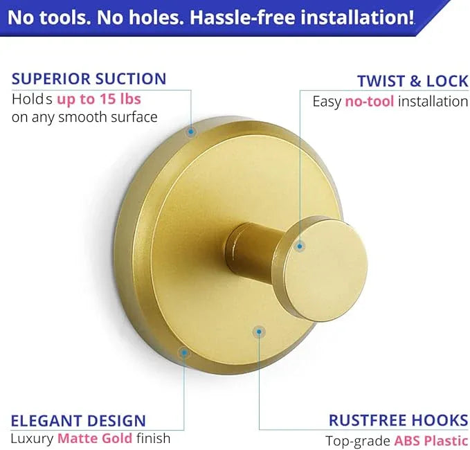 HOME SO Suction Cup Hooks for Shower, Bathroom, Kitchen, Glass Door, Mirror, Tile – Loofah, Towel, Coat, Bath Robe Hook Holder for Hanging up to 15 lbs – Waterproof, Matte Brushed Satin Gold (2-Pack) - ModernBath