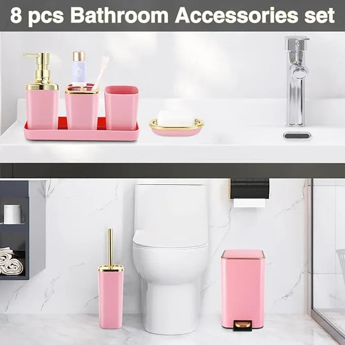 XLHOMO Pink Bathroom Accessories Set 8 Piece Pink and Gold Bathroom Set, Bathroom Sets with Stainless Steel Trash Can,Toilet Brush,Toothbrush Set,Soap Dispenser - ModernBath