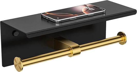 FORIOUS Double Toilet Paper Holder with Shelf, Wall Mount Tissue Roll Holder for Bathroom, 304 Stainless Steel Commercial Toilet Tissue Dispensers with Phone Shelf (1, Matte Black & Brushed Gold)