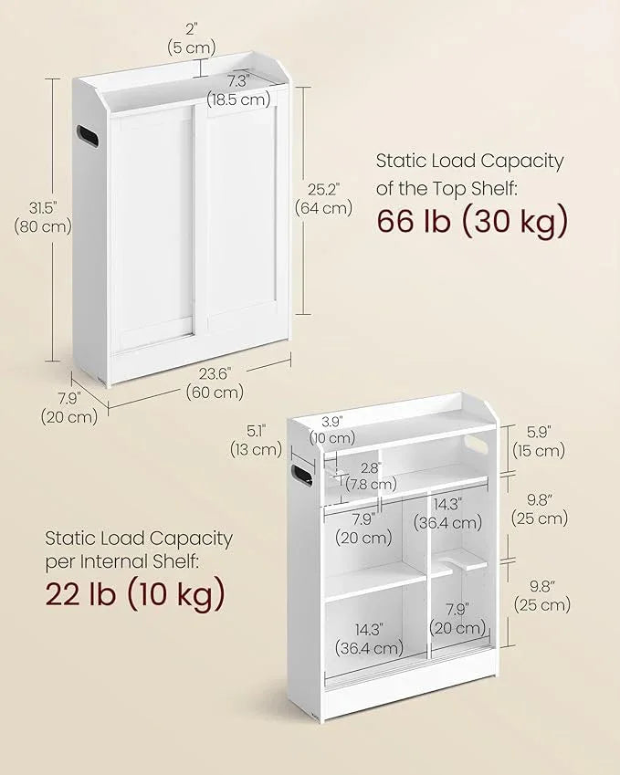 VASAGLE Narrow Storage Cabinet, Slim Floor Cabinet with Sliding Doors, Toilet Paper Holder and Brush Compartment, for Bathroom and Living Room, 7.9 x 23.6 x 31.5 Inches, Cloud White UBBC752W01 - ModernBath