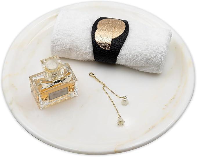 Marmor Real Natural Marble Bathroom Tray for Perfume, Candles, Jewelry Stone Vanity, Bathroom & Kitchen Counter Organizer and Home Decor (Calacatta Gold‌ Marble Round Plate(11.02 * 11.02 * 0.7)) - ModernBath