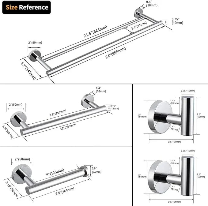 5-Pieces Set Bathroom Hardware Set Polished Stainless Steel Wall Mounted - Includes 24" Double Towel Bar, 12" Hand Towel Bar, Toilet Paper Holder, 2X Robe Towel Hooks, Bathroom Accessories Kit - ModernBath