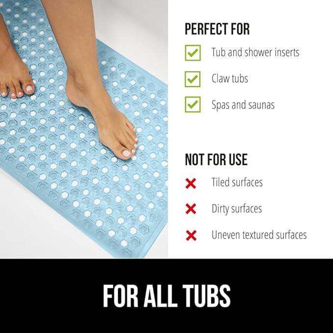 GORILLA GRIP Patented Bath Tub Shower Mat, Machine Washable Bathtub Floor Liner Mats, Suction Cups and Drain Holes to Keep Tubs Clean, Soft on Feet, Bathroom Essentials, 35x16 Inch, Clear Blue - ModernBath