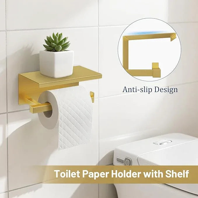 TURS Brushed Gold 5 Pieces Bathroom Hardware Set, SUS304 Stainless Steel 23.6 Inch Bath Towel Bar Set, Square Bathroom Accessories Kit Wall Mounted - ModernBath