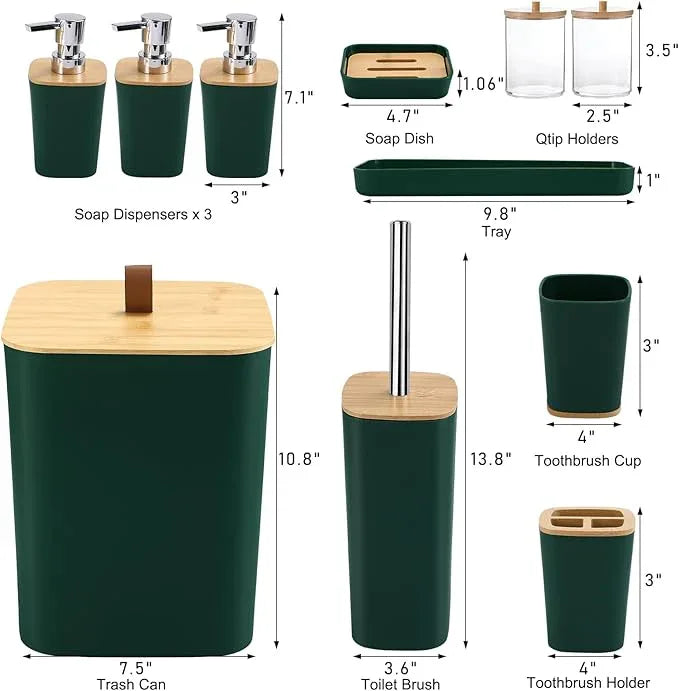 XLHOMO Dark Green Bathroom Accessories, Green Bathroom Accessories Set with Trash Can, Soap Dispenser, Toothbrush Holder, Toothbrush Cup, Soap Dish, Toilet Brush, Tray and Q-tip Holders - ModernBath