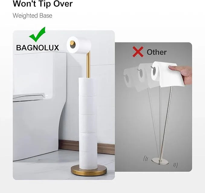 BAGNOLUX Bathroom Toilet Paper Holder Stand with Reserve, SUS304 Stainless Steel Rustproof Pedestal Tissue Roll Holder Heavy Duty (Brushed Brass) - ModernBath