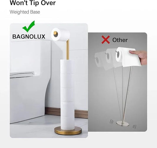 BAGNOLUX Bathroom Toilet Paper Holder Stand with Reserve, SUS304 Stainless Steel Rustproof Pedestal Tissue Roll Holder Heavy Duty (Brushed Brass) - ModernBath
