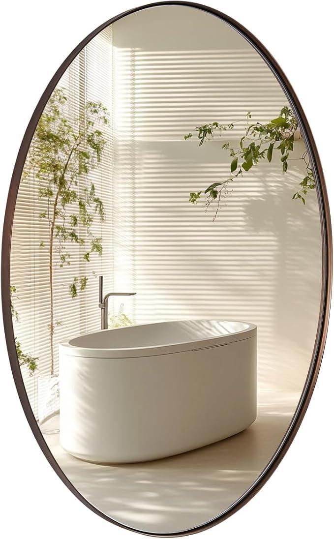 ANDY STAR Brushed Bronze Oval Mirrors for Bathroom, 20x28 Inch Bronze Stainless Steel Metal Framed Oval Wall Mirror, Modern Vanity Mirror Wall Mount Horizontal or Vertical - ModernBath