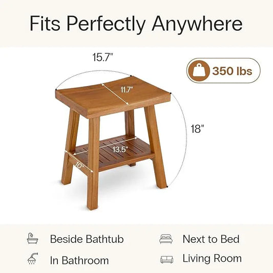 StrongTek Teak Shower Stool with Storage Shelf, 18-Inch Pre-Oiled Teak Wood Bath Seat Bench, Ergonomic Curved Seat, Easy Assembly, Water-Resistant, 350 lbs Capacity, Ideal for Bathroom, Spa & Home Use - ModernBath