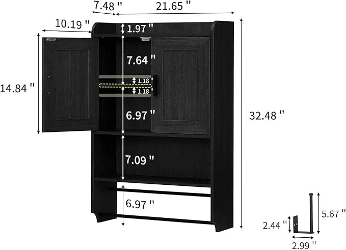 Bathroom Wall Cabinet, Wooden Medicine Cabinet Over the Toilet with Adjustable Inner Shelf, Wall Mounted Cabinet with Doors for Bathroom Storage, Hanging Cabinet for Wall with Towels Bar (Black) - ModernBath