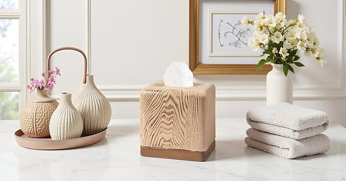 Hymmah Wooden Texture Square Tissue Box Cover Cube Tissue Holder Unique Design Klenex Box Dispenser for Bathroom Vanity Counter Tops Also Great for Bedrooms and Living Rooms - ModernBath