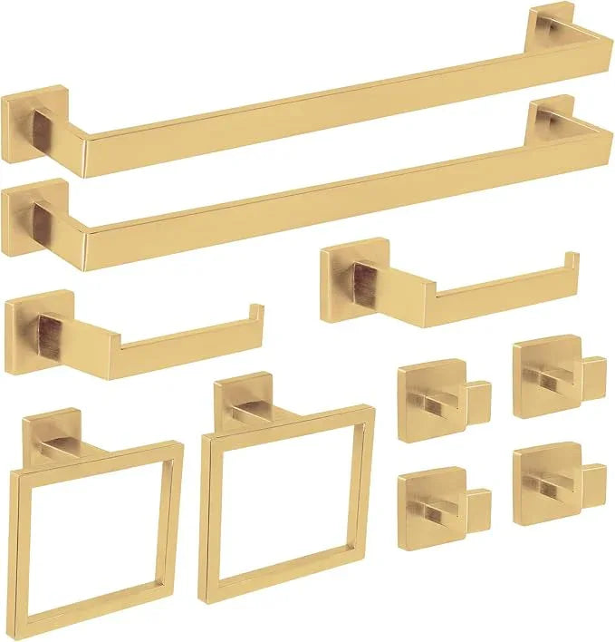 FAHKNS 10 PCS Bathroom Hardware Accessories Set 23.6 Inch Stainless Steel Bath Towel Bar Set Square Towel Ring Set for Bathroom Wall Mounted, Gold - ModernBath