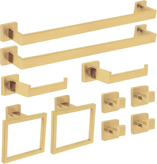 FAHKNS 10 PCS Bathroom Hardware Accessories Set 23.6 Inch Stainless Steel Bath Towel Bar Set Square Towel Ring Set for Bathroom Wall Mounted, Gold - ModernBath
