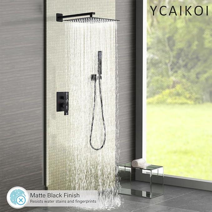 YCAIKOI Shower Faucet Set Complete, Wall Mount Shower System for Bathroom 12 Inch High-Pressure Rainfall Shower with Handheld, Rough-in Valve Body and Trim Kit, Matte Black - ModernBath