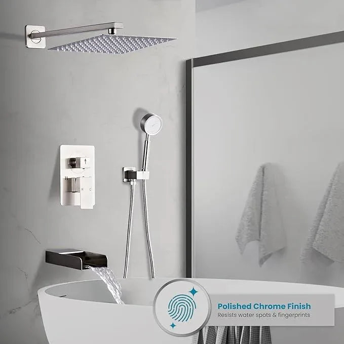 RTTWYYUU Brushed Nickel Shower Tub Faucet Set, Wall Mounted 8 Inch Shower Heads with Handheld Spray Combo and Tub Shower Faucet, Luxury Bathroom Square Rain Shower System - 4 Hooks - ModernBath