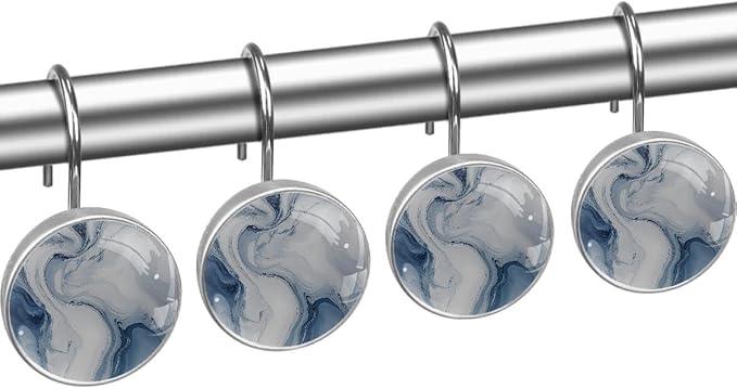 12 Packs Grey Marble Shower Curtain Hooks, Stainless Steel Glass Shower Curtain Rings for Bathroom, Rustproof Metal Curtain Rod Hooks - ModernBath