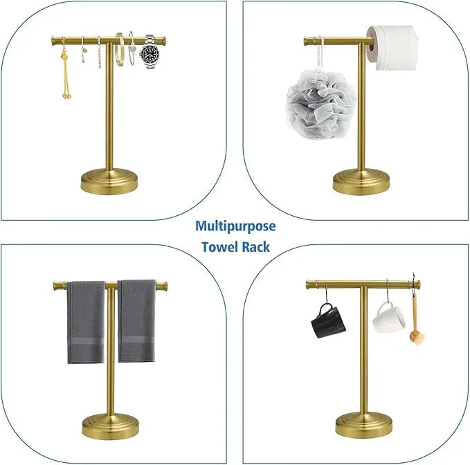 RUMOSE 13 Inch Brushed Gold Towel Stand Hand Towel Holder Bathroom Kitchen Vanity Countertop T-Shape Towel Rack Free Standing Stainless Steel Towel Bar Towel Ring - ModernBath