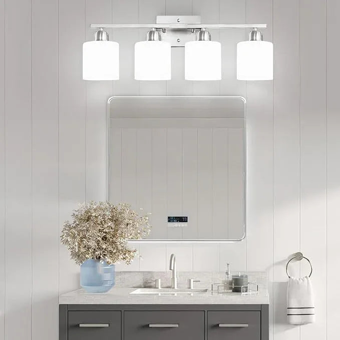 4 Light Bathroom Light Fixtures, Brushed Nickel Vanity Lights for Bathroom with Milky White Frosted Glass Shade, Wall Lights for Mirror Bedroom Living Room E26 Base - ModernBath