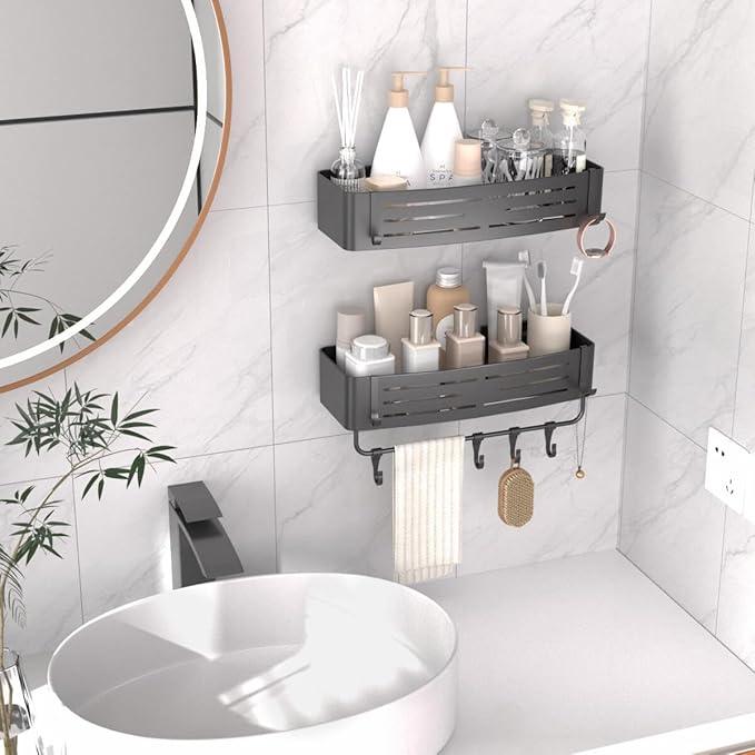 Onemake Shower Caddies Suction Cup, 2-Pack Removable Bathroom Shelf, Shower Organizer with Portable Hooks, Shower Caddy Corner Waterproof Holder with Towel Bar, Gray - ModernBath