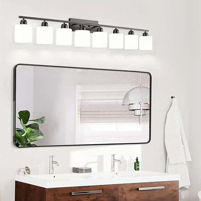 FAISHILAN 8 Light Black Bathroom Light Fixtures Over Mirror for Big Mirror, Modern Bathroom Lighting with Milky White Frosted Glass Shades,51 inch Lights for Vanity for Mirrors, E26 - ModernBath