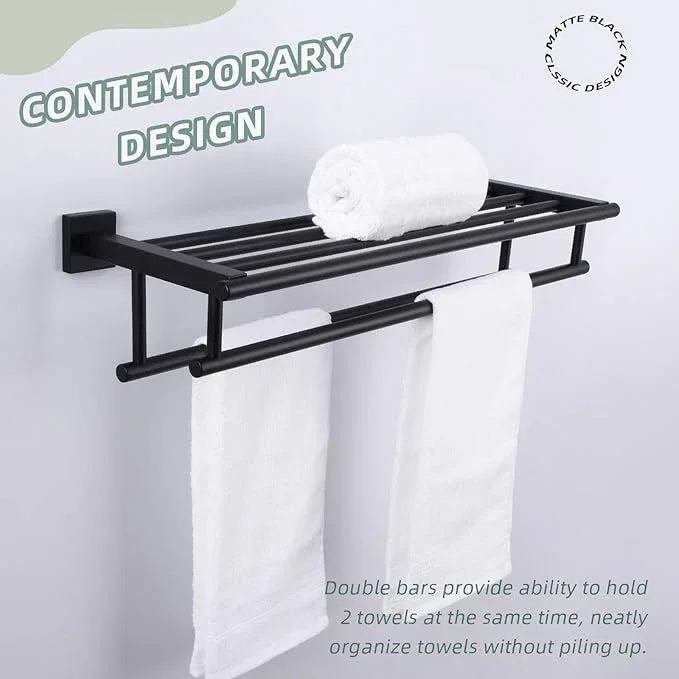 Bathroom Towel Shelf with Bar, Angle Simple Stainless Steel Bath Towel Rack, Double Towel Holder with Shelf, Wall Mount Train Rack Matte Black 23.62 Inches - ModernBath