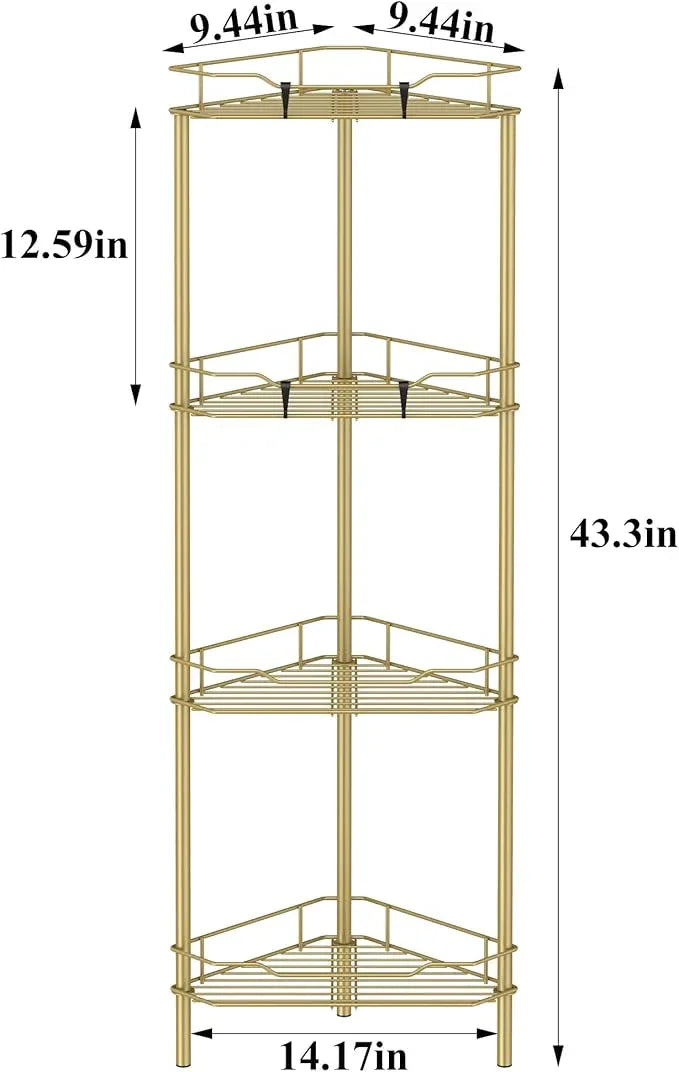 4 Tier Floor Standing Corner Shower Caddy Organizer Shelf with Hooks, Bathroom Shelves Stand Rack, Gold - ModernBath