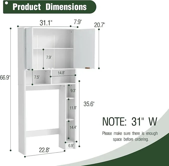 31" W Over The Toilet Storage Cabinet with Fluted Door, White Bathroom Organizer with Adjustable Shelf, 67''H Tall Toilet Paper Holder Stand Wave Door for Restroom, Laundry Room - ModernBath