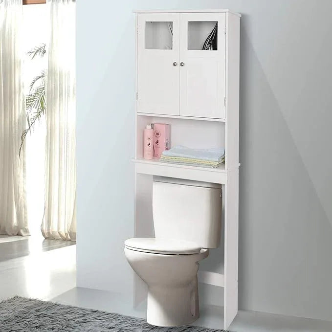VINGLI Over The Toilet Storage Cabinet White Bathroom Storage Organizer Above The Toilet Shelf with Acrylic Glass Double Doors Wood Muebles para BañO Rack with Adjustable Shelf - ModernBath