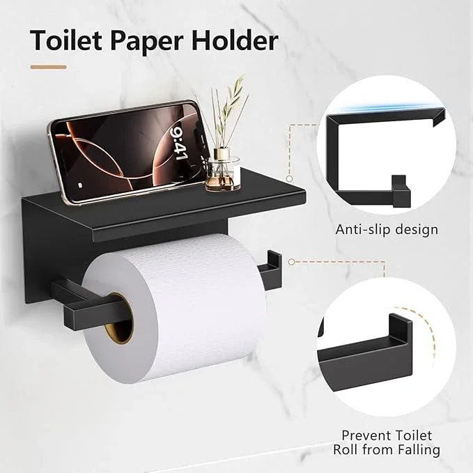 TQKAG 5-Pieces Matte Black Bathroom Hardware Accessories Set 23.6" SUS304 Stainless Steel Towel Bar Set Wall Mounted Square Toilet Paper Holder with Shelf - ModernBath