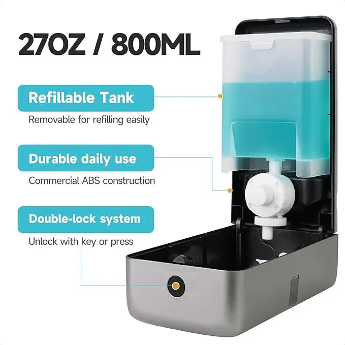 AIKE Wall Mount Liquid Soap Dispenser, 27oz Large Capacity with Extended Pump for Commercial Bathrooms,AK1008(Silver) - ModernBath