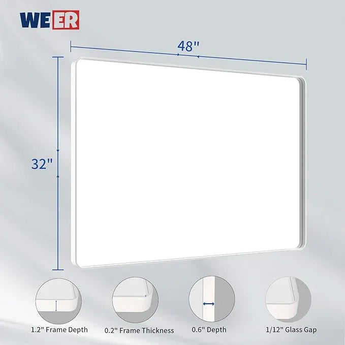 WEER White Bathroom Mirror 48X32 Inch, Rounded Rectangle White Metal Frame Mirror, Matte White Bathroom Vanity Mirror with Tempered Glass, Anti-Rust, Hangs Horizontally or Vertically - ModernBath