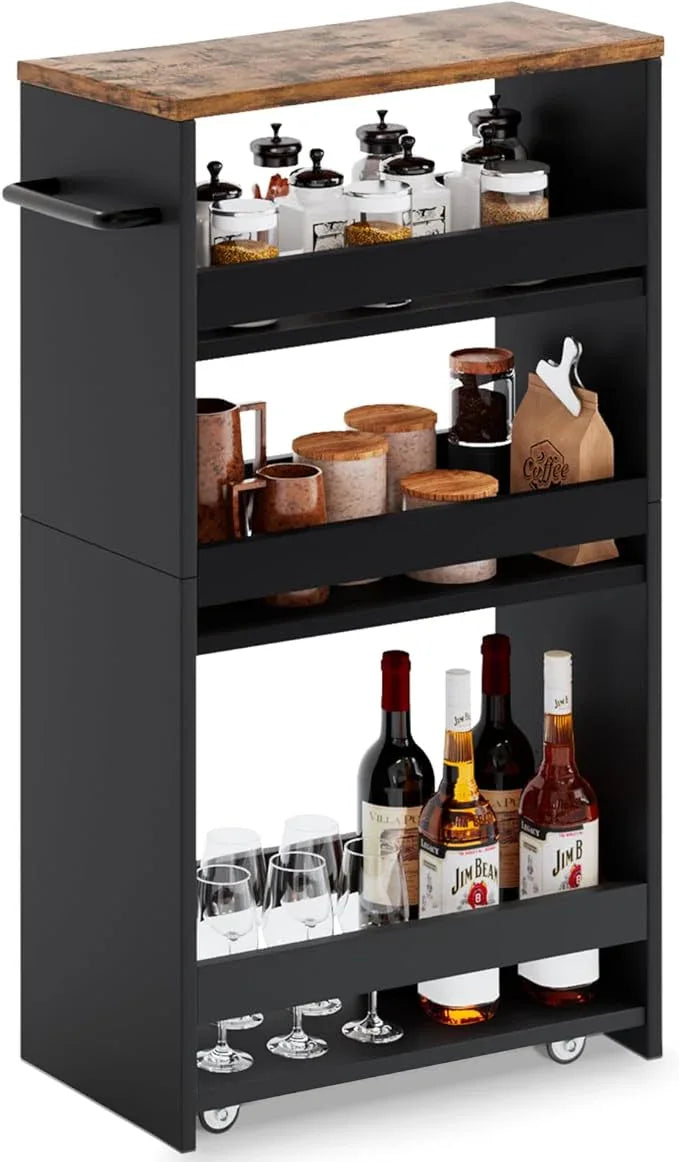 MARTY Rolling Storage Cart 7.9" W, 4-Tier Kitchen Cart with Wheels Handle, Slim Storage Cart Mobile Shelving Utility Carts for Bathroom Laundry Room Organization Narrow Places (Black) - ModernBath