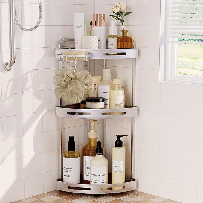 Corner Shower Caddy Standing, 3-Tier Rustproof Shower Organizer with Soap Holder, Aluminum Shower Shelf Stand for Bathroom Storage, Siver - ModernBath