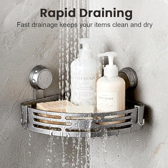 Triangle Suction Cup Corner Shelves No Drilling Bathroom Storage Rack, 2026 New Corner Shower Shelf Suction Cup Shower Caddy Corners Organizer Storage Rack Adhesive with Towel Bar (Gray double-layer)