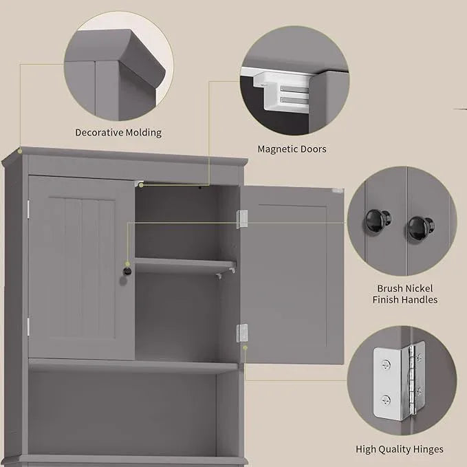 Gizoon Over The Toilet Storage Cabinet with Adjustable Shelf and Double Doors, Bathroom Space Saver Organizer Above Toilet with Open Shelf, Taller Wooden Free Standing Toilet Rack -Grey - ModernBath