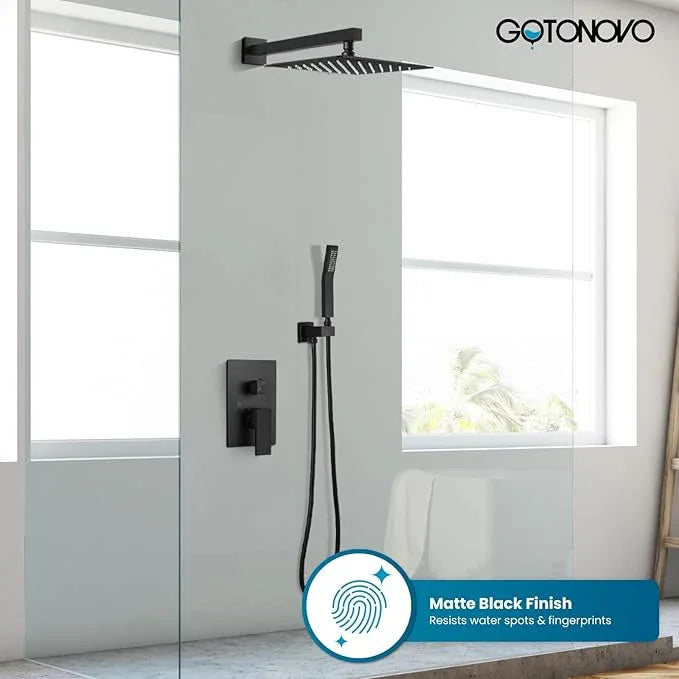 gotonovo Rainfall Bathroom Shower System Rain Shower Head and Handle Set Wall Mounted Shower Complete Combo Solid Brass Pressure Balancing Shower Mixer Valve 10 Inch Matte Black - ModernBath