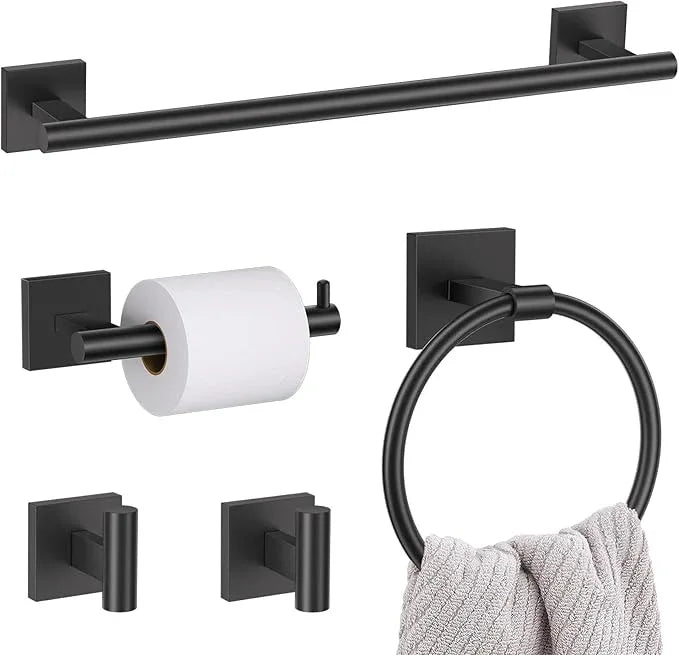 5 Pieces Bathroom Hardware Set Matte Black Towel Bar Set Includes 23.6” Towel Bar, Towel Ring Holder, Toilet Paper Holder and Two Towel Hooks, Bathroom Accessories Set SUS304 Wall Mounted - ModernBath