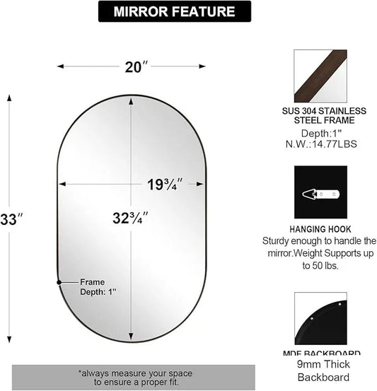 ANDY STAR Bronze Oval Mirror for Bathrooml, 20x33 Oval Bronze Mirror in Stainless Steel Metal Frame Deep 1’’ for Bathroom, Bedroom, Living Room, Entryway, Hang Vertical or Horizontal - ModernBath