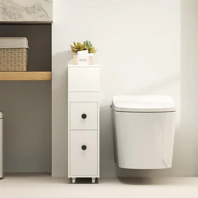 Tangkula Slim Bathroom Storage Cabinet, Movable Narrow Toilet Side Cabinet w/2 Slide Out Drawers, 2 Rattan Baskets & Shelves, Toilet Paper Holder on Wheels for Small Spaces - ModernBath