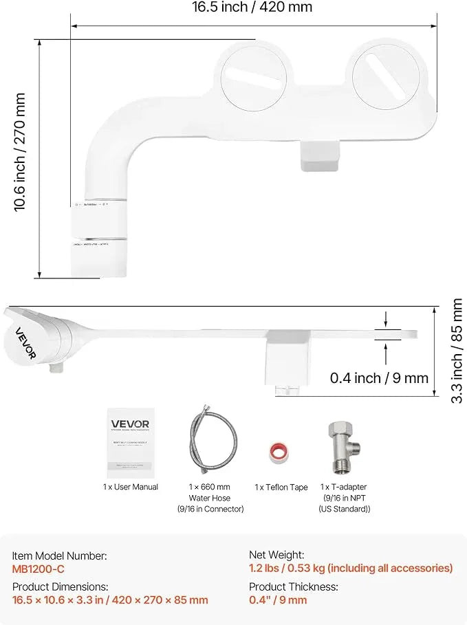 VEVOR Bidet Attachment for Toilet, Self-Cleaning Bidet Toilet Seat Attachment - Dual Retractable Nozzles, Adjustable Water Pressure, Easily Installed Cold Water Sprayer for Rear Feminine Wash, White - ModernBath