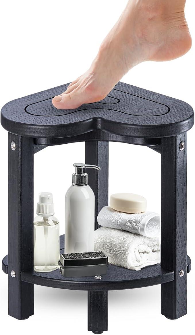 UHA Corner Shower Stool for Inside Shower - Waterproof Corner Shower Bench, HDPE Plastic Bathroom Bench, Adjustable Height Corner Chair for Shaving Legs,Storage Shelf,Non-Slip Feet，Black - ModernBath