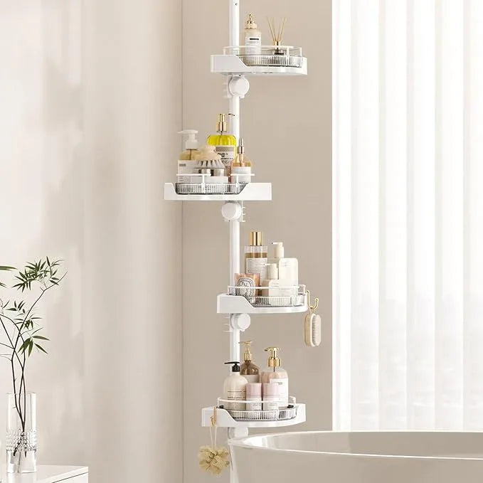 akinbas Shower Caddy Tension Pole with 4 L-Lazy Susan Organizer 360 Rotating 35-128 Inch No Drilling Floor Standing Shelves Adjustable Shower Rack for Bathroom Corner (White) - ModernBath