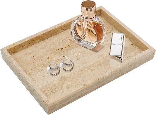 Zilukar Real Natural Travertine Tray for Bathroom, Vanity, Kitchen and Desktop, Rectangle Genuine Travertine Stone Tray for Jewelry, Cosmetics, Candles, Lotion, Perfume and Home Decor - ModernBath