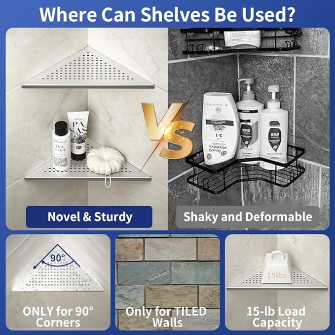 Corner Shower Shelves, 10" Brushed 304 Stainless Steel Recessed Shelf for Bathroom, Grout in Shelf for Tiled Wall, 2 Pack - ModernBath