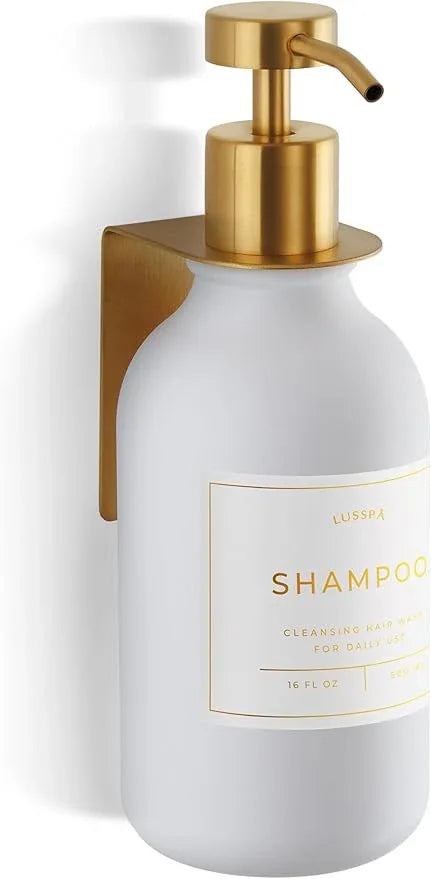 Shampoo & Conditioner Dispenser - Shower Soap Dispenser Wall Mounted - 16.9 Oz Plastic Bottle with Pump & Holder - Shampoo Dispenser - Shower Dispenser Chamber No Drill (1 X White/Gold) - ModernBath