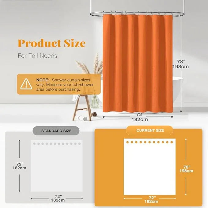 BTTN 78 Inch Long Shower Curtain - Linen Textured Weighted Fabric Shower Curtain Set with 12 Hooks, Tall Hotel Neutral Heavy Duty Waterproof Polyester Shower Curtains for Bathroom - 72x78 - Orange - ModernBath
