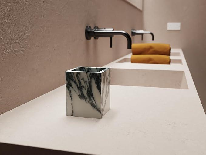 Marble Toothbrush Holder – 4.1" Genuine Stone Bathroom Cup for Makeup Brushes, Pens & Utensils | Natural Marble Organizer for Vanity, Countertop & Home Décor (Arabescato White & Grey) - ModernBath