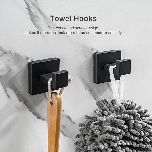 Hiuqixe Matte Black Towel Hooks 2 Pack, SUS304 Stainless Steel Bathroom Robe Hook, Heavy Duty Modern Square Coat Holder, Rustproof, Anti-Rotation Wall Mount for Hand Towels & Bath